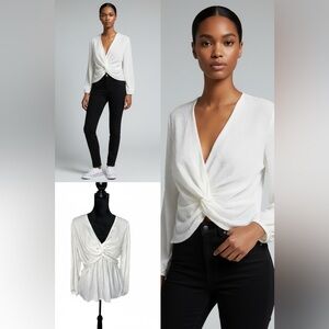 Pleione Ivory Twist Front Blouse Women’s Medium Long Sleeve V-Neck Top